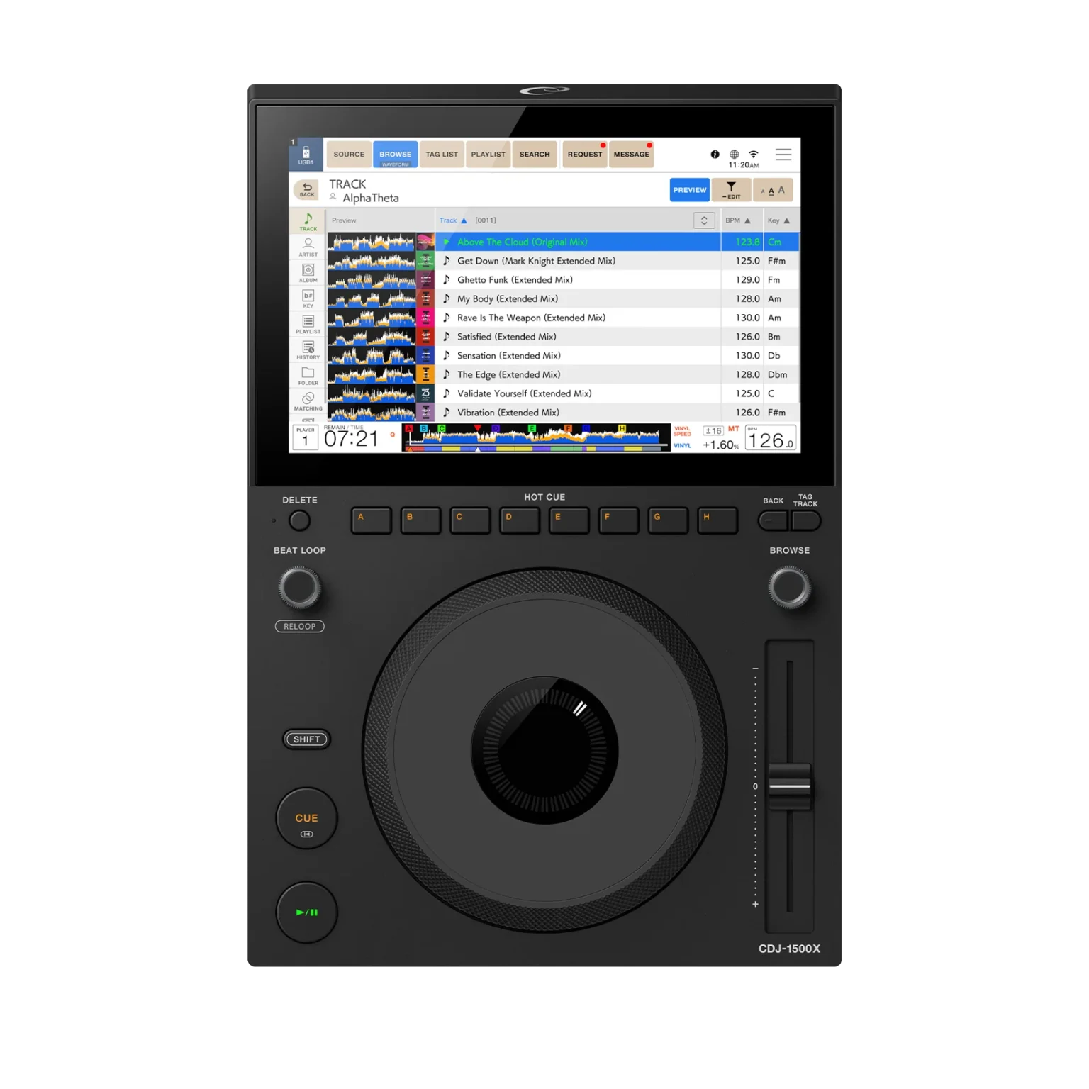 AlphaTheta CDJ-1500X — תקריב מסך המגע הקיבולי המציג צורת גל וקיו-פוינטים