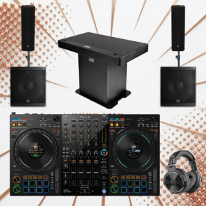 חבילת דיג'יי מקצועית Pioneer DDJ-FLX10, Turbosound iP300, Kali WS-12 ועמדת UDG — מבט חזית