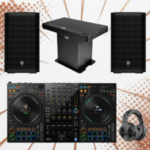 ערכת דיג'יי Pioneer DDJ-FLX10, עמדת UDG Podium ורמקולים EV ZLX-15P-G2 — מבט חזית