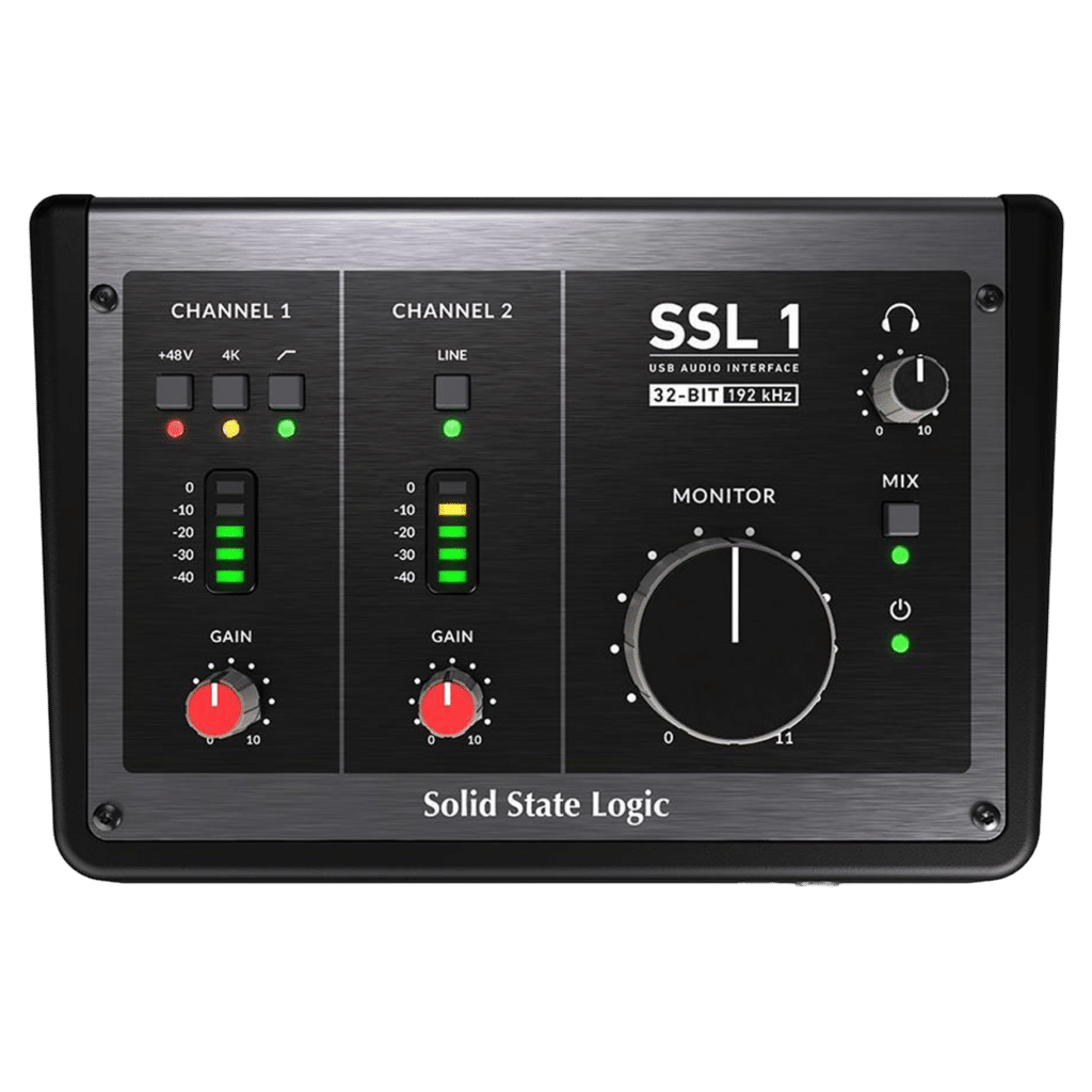 he SSL 1 features a Neutrik XLR mic input, a switchable INST/LINE input, two balanced outputs, and x2 USB‑C connectors for USB audio and 5V external power supplies or power banks.