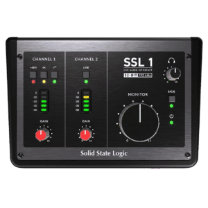 he SSL 1 features a Neutrik XLR mic input, a switchable INST/LINE input, two balanced outputs, and x2 USB‑C connectors for USB audio and 5V external power supplies or power banks.