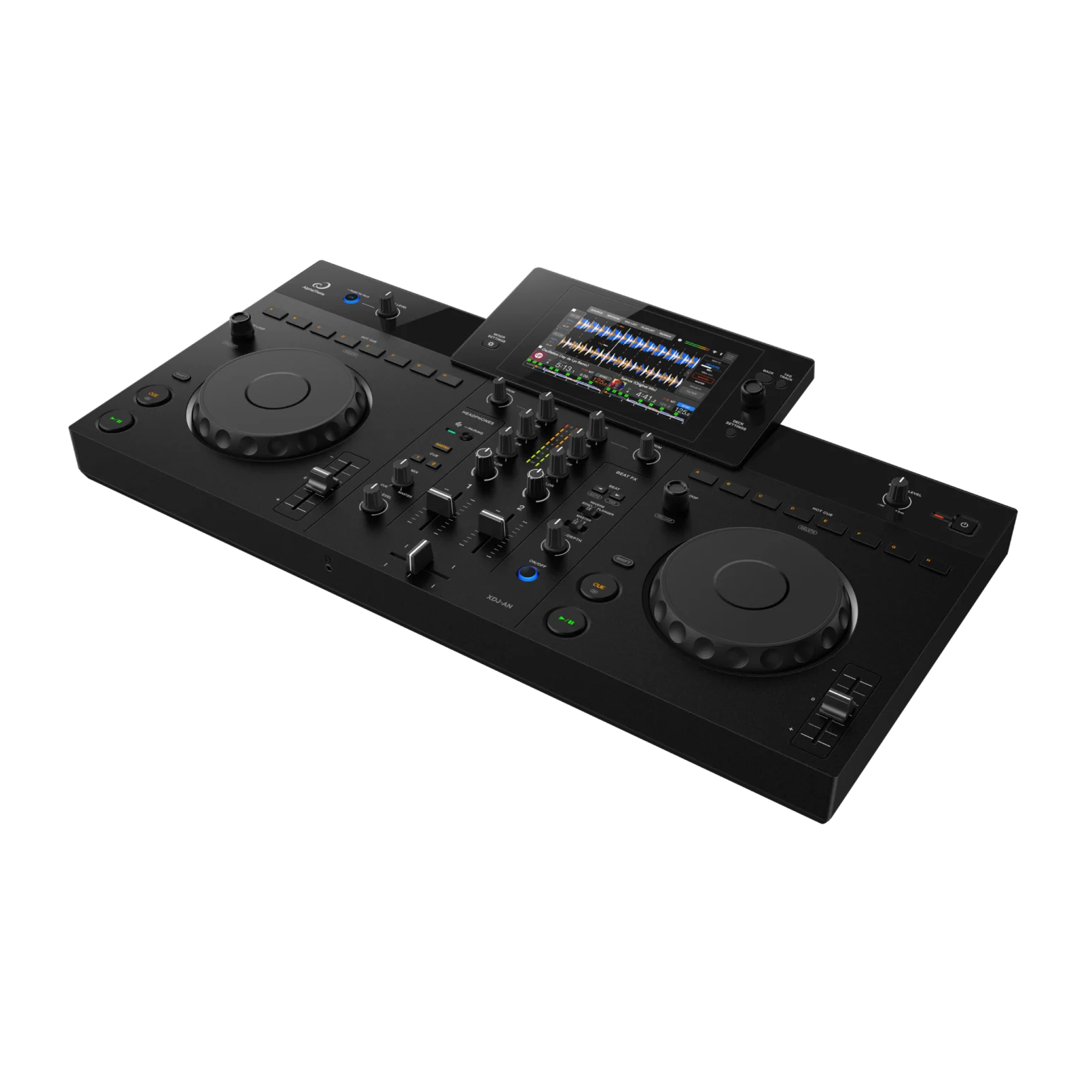 AlphaTheta XDJ-AN — מבט ¾ המציג את הפריסה בסגנון מועדון והעיצוב הקומפקטי