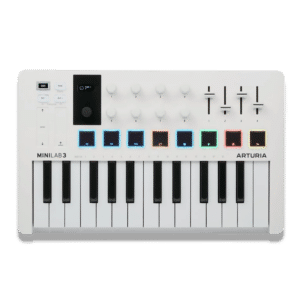 Arturia MiniLab 3 — מבט מלמעלה על הקונטרולר עם המקלדת, הפאדים והאנקודרים